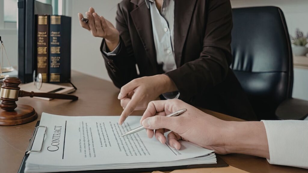 Two people working on a contract