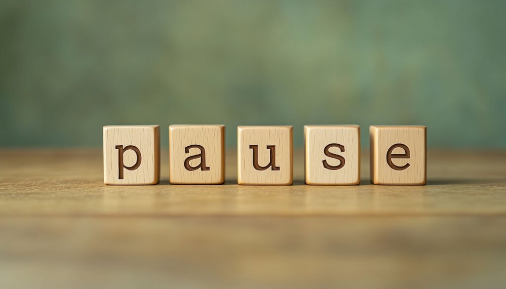 The word pause spelled out in wooden blocks