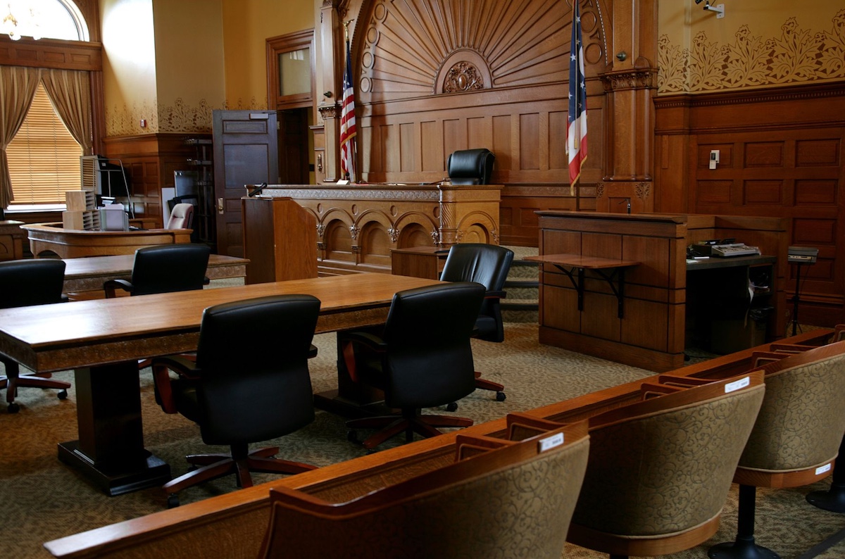 US courtroom with Judge's bench and jury box